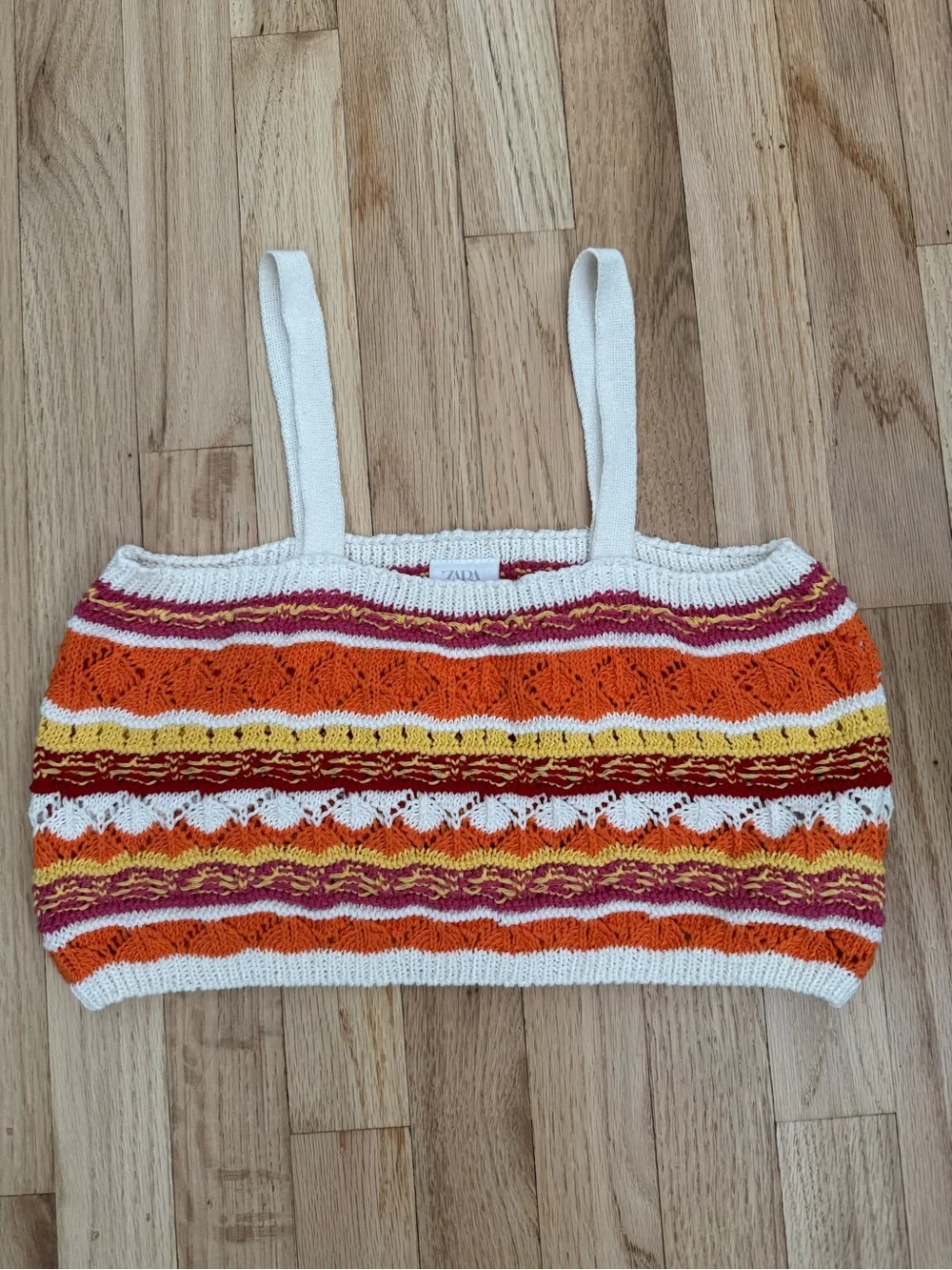 NWOT Zara White Striped Crochet Knit Crop Top with Orange & Yellow Accents